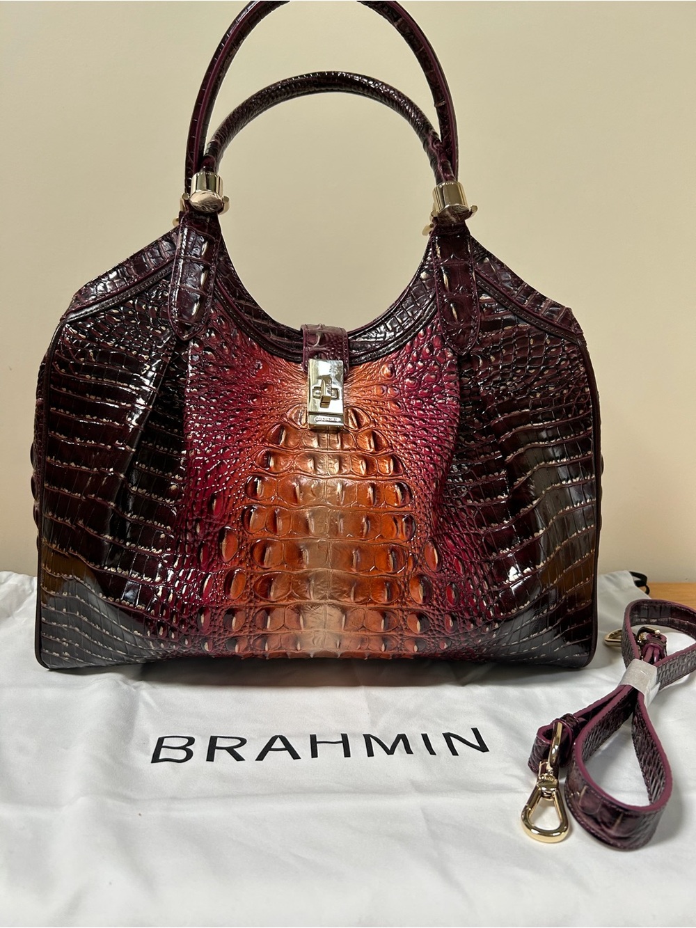 Brahmin Ombre Croc-Embossed Satchel in Burgundy, Orange & Tan